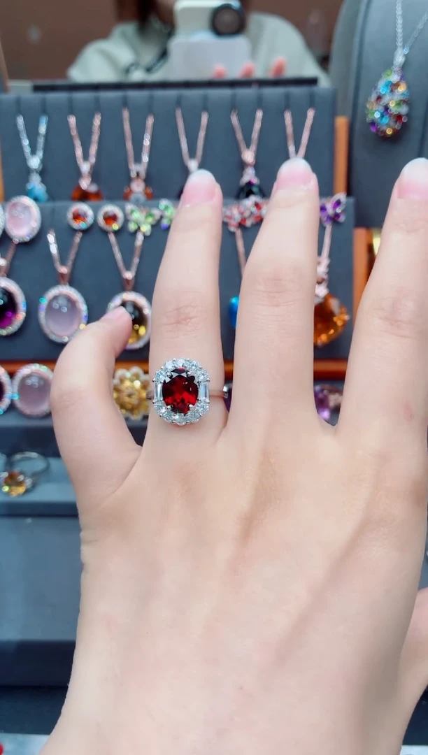 银S925镶嵌戒指石榴石树*石榴石戒指 14#