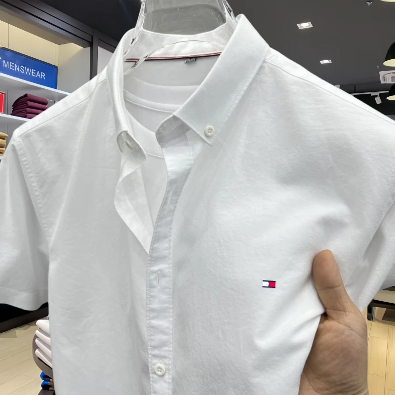 正品Tommy汤米100%纯棉衬衫短袖夏季休闲百搭款纯色刺绣男士衬衣