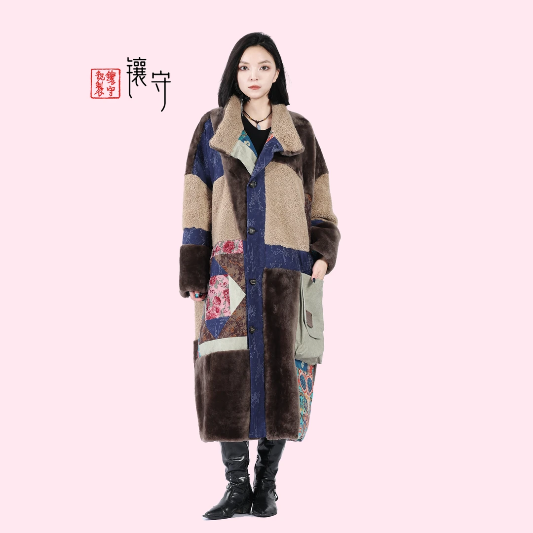 【镶守·深蓝】冬季设计师款气质时尚皮毛一体宽松长款白鹅绒服T2558