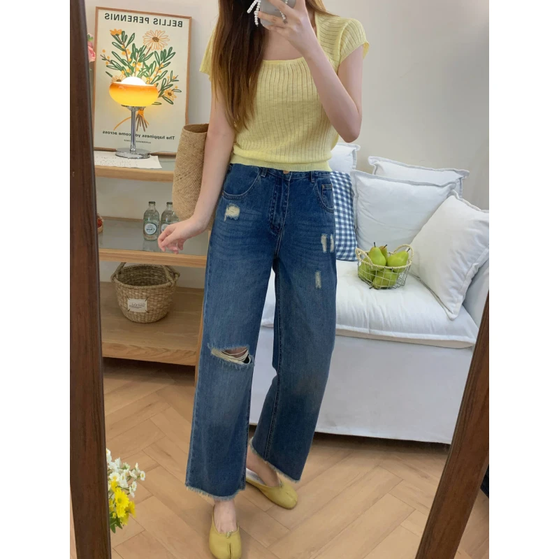 夏季清凉感破洞裤~小个子显瘦遮胯直筒九分毛边牛仔裤