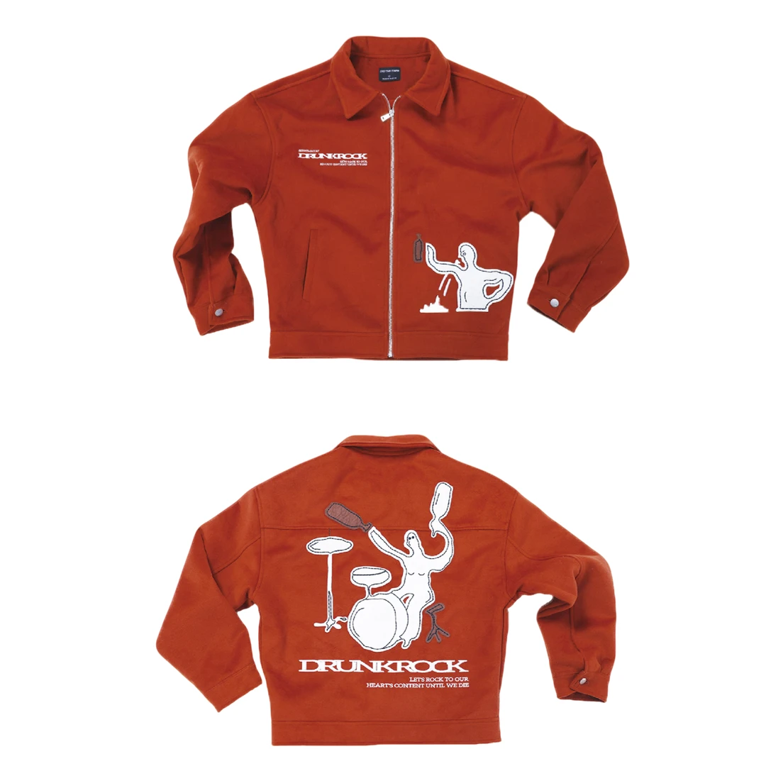 2359TIMESTORE"酒精摇滚"趣味贴布刺绣翻领毛呢夹克宽松休闲外套