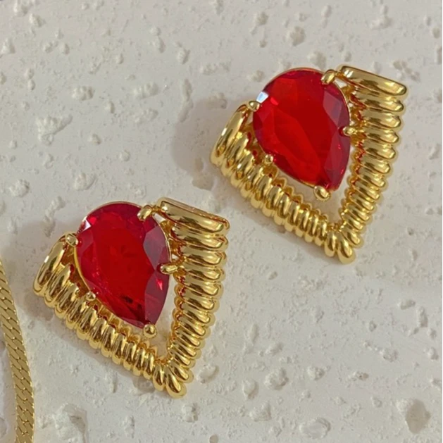 铜合金琉璃耳饰 复古高级感切面红绿色三角耳钉轻奢时尚百搭耳环