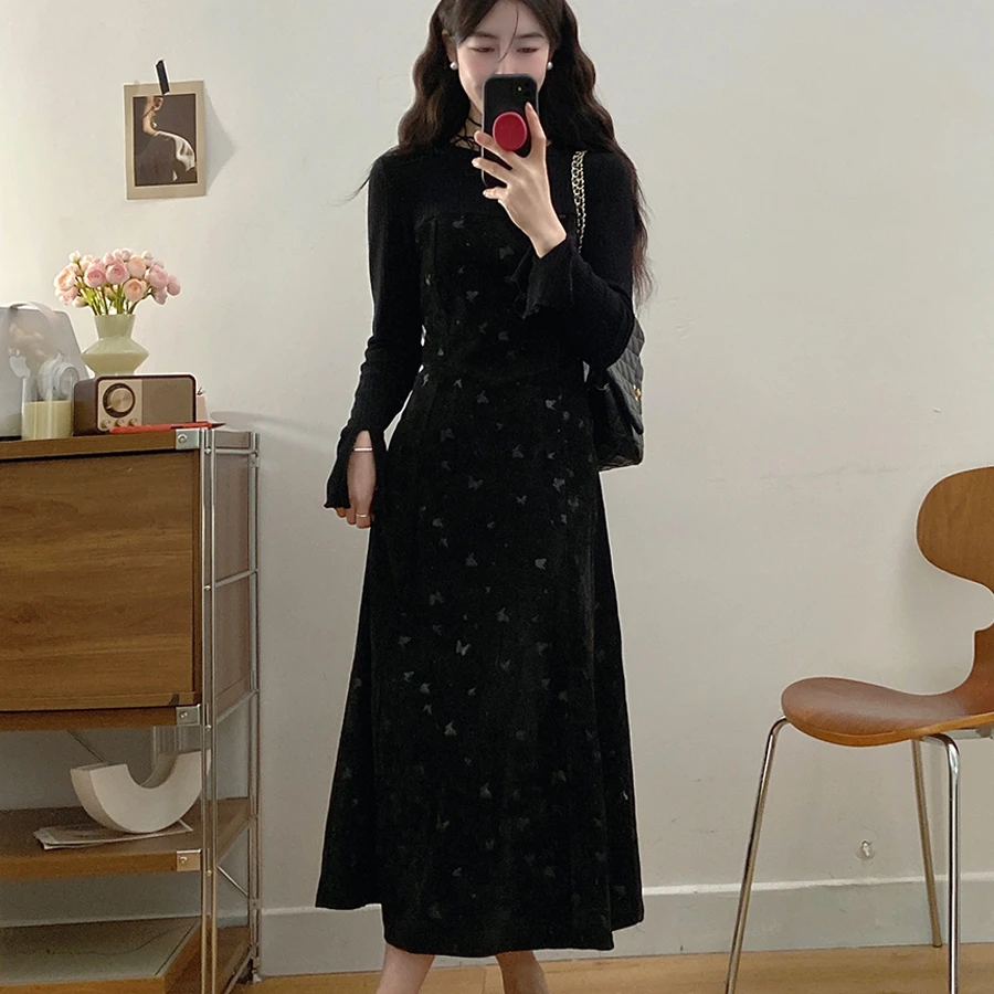 大码女装法式黑色碎花假两件连衣裙女胖MM藏肉显瘦内搭长裙3128