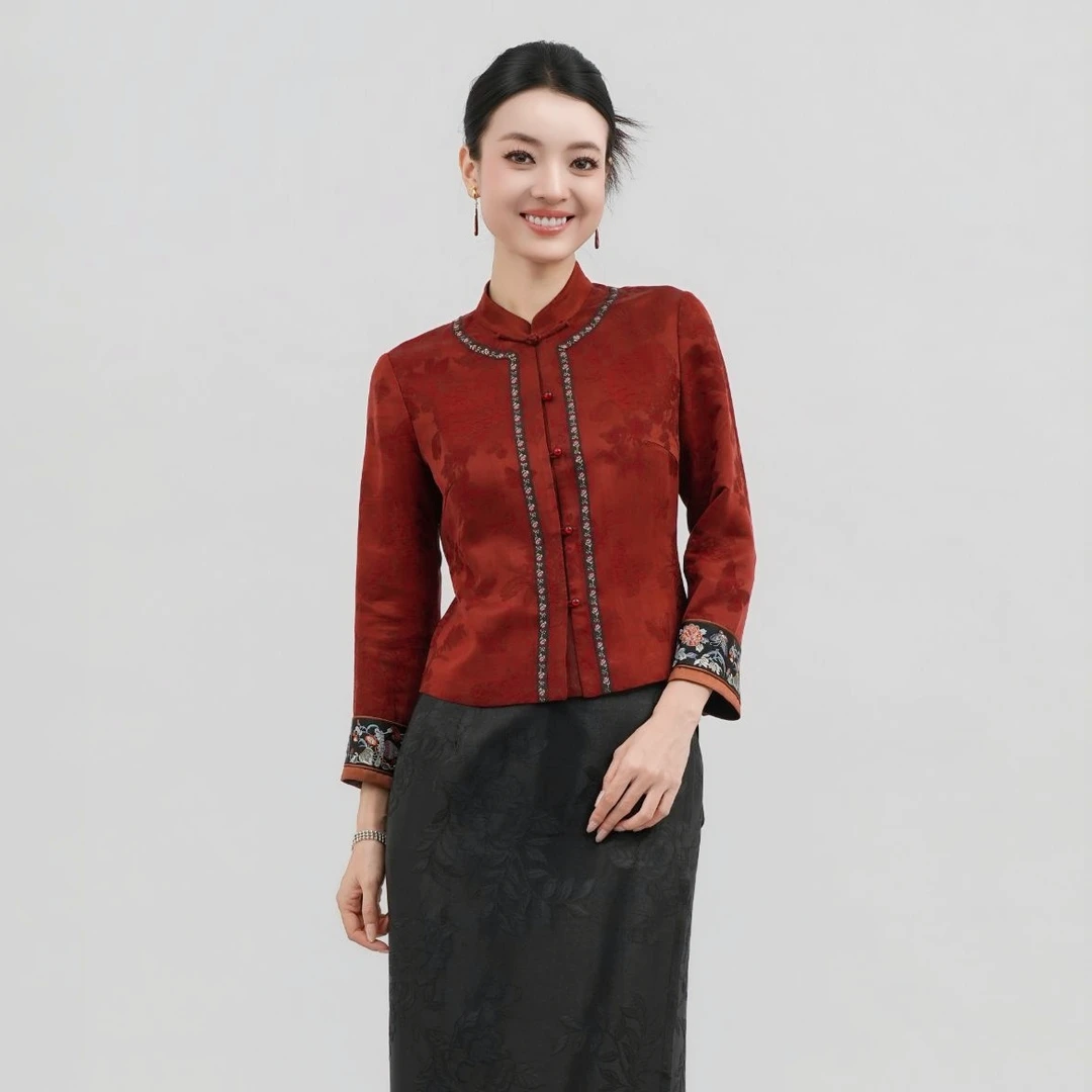 玉家人【勐知】真丝香云纱40姆米蝶恋花冬春款长袖上衣冬季民族风