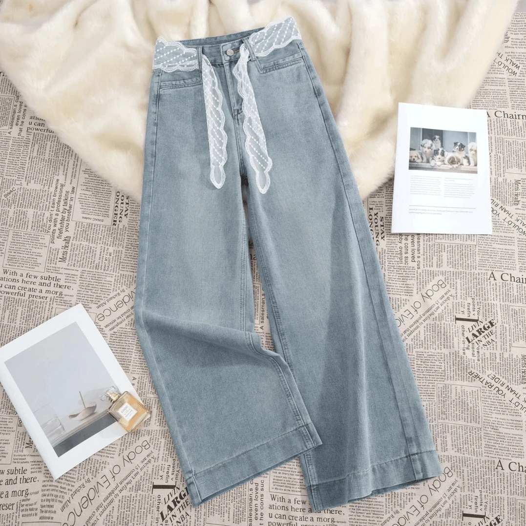 【现货】2025夏冰川蓝窄版阔腿无弹高腰牛仔垂坠直筒裤