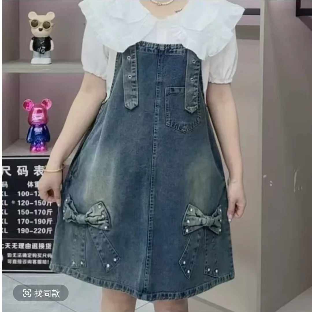 大码女装春夏季韩版蝴蝶结钉钻牛仔背带裙+娃娃领减龄衬衫两件套