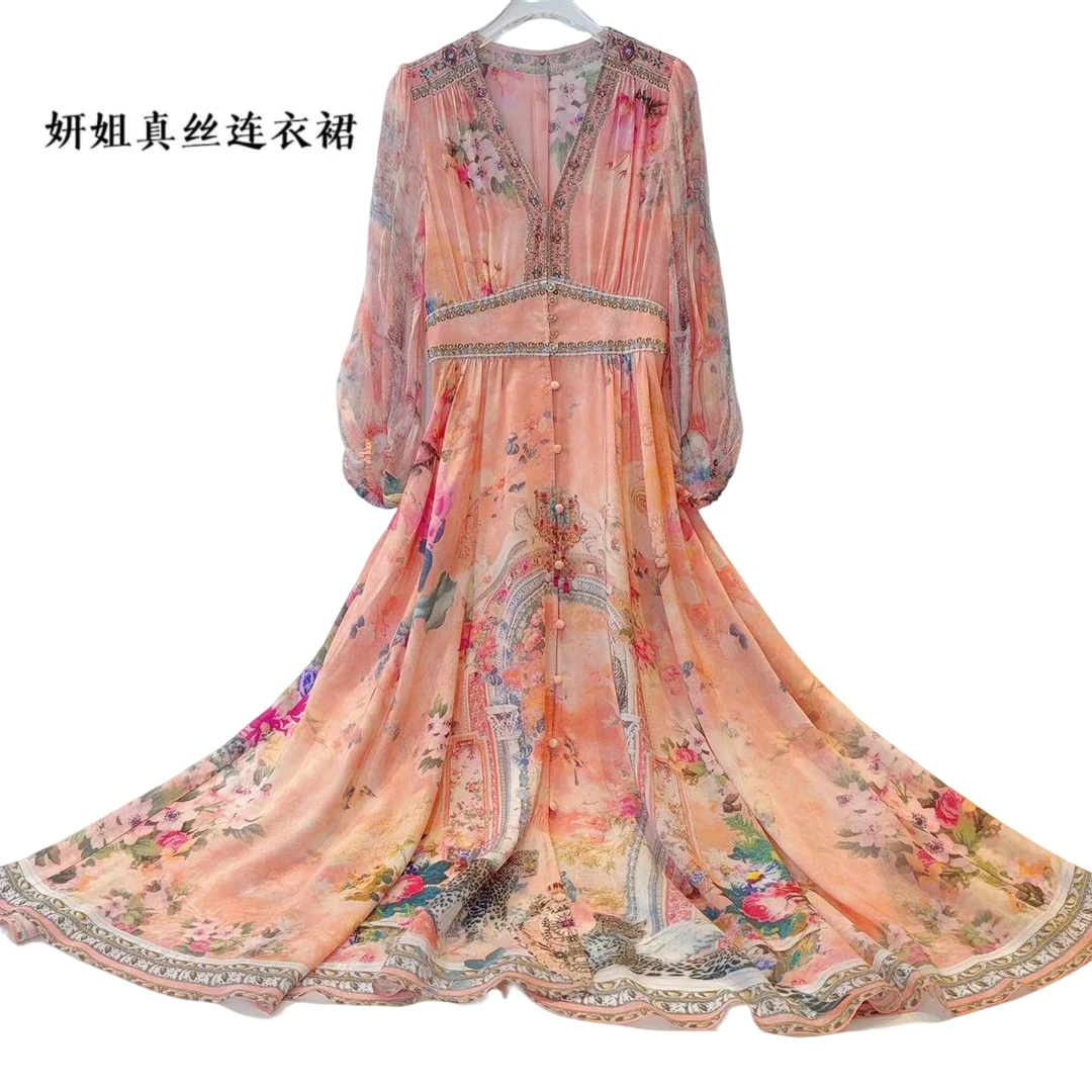 妍姐2025春夏新款碎花V领修身高端走秀印花真丝连衣裙 花色182501