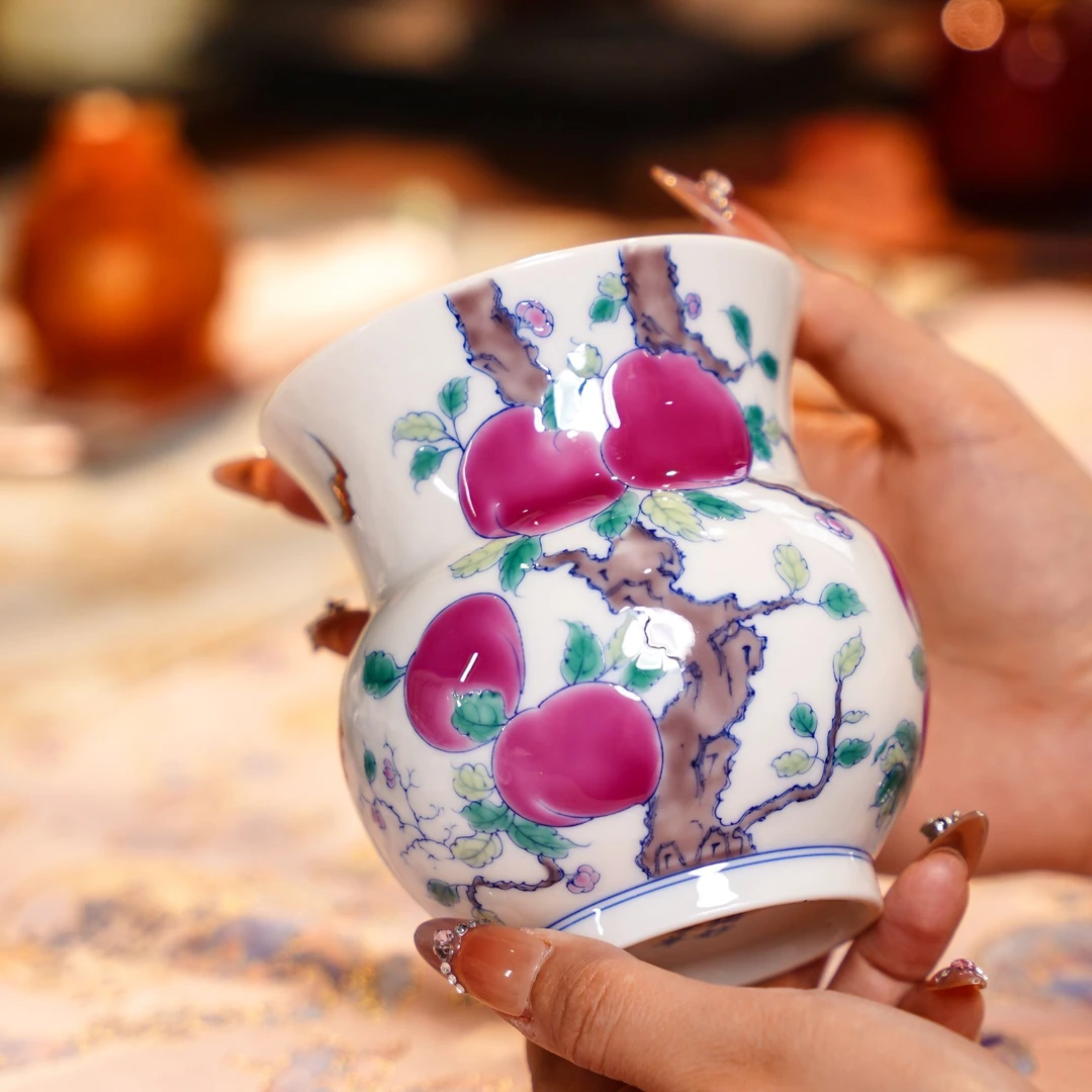 独妙芳华    斗彩桃子水洗   茶具茶杯纯手绘陶瓷银