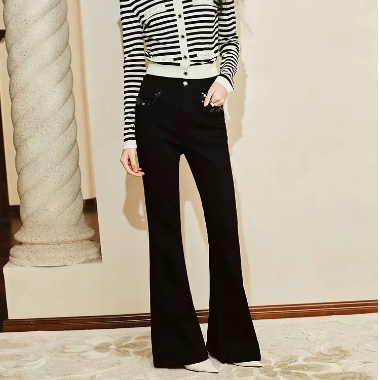 【商场同款-摩登女爵】MAXRIENY精致休闲裤子高腰黑色牛仔喇叭裤