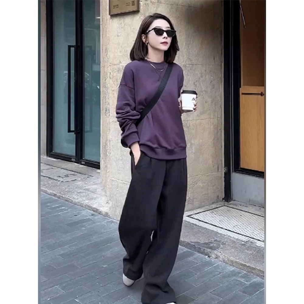 早秋2025新款减龄一整套穿搭小个子宽松慵懒风紫色卫衣两件套装女