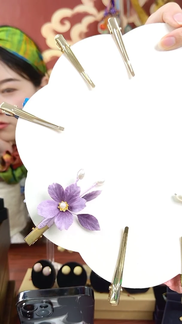 纯铜合金琉璃非遗绒花紫色发夹