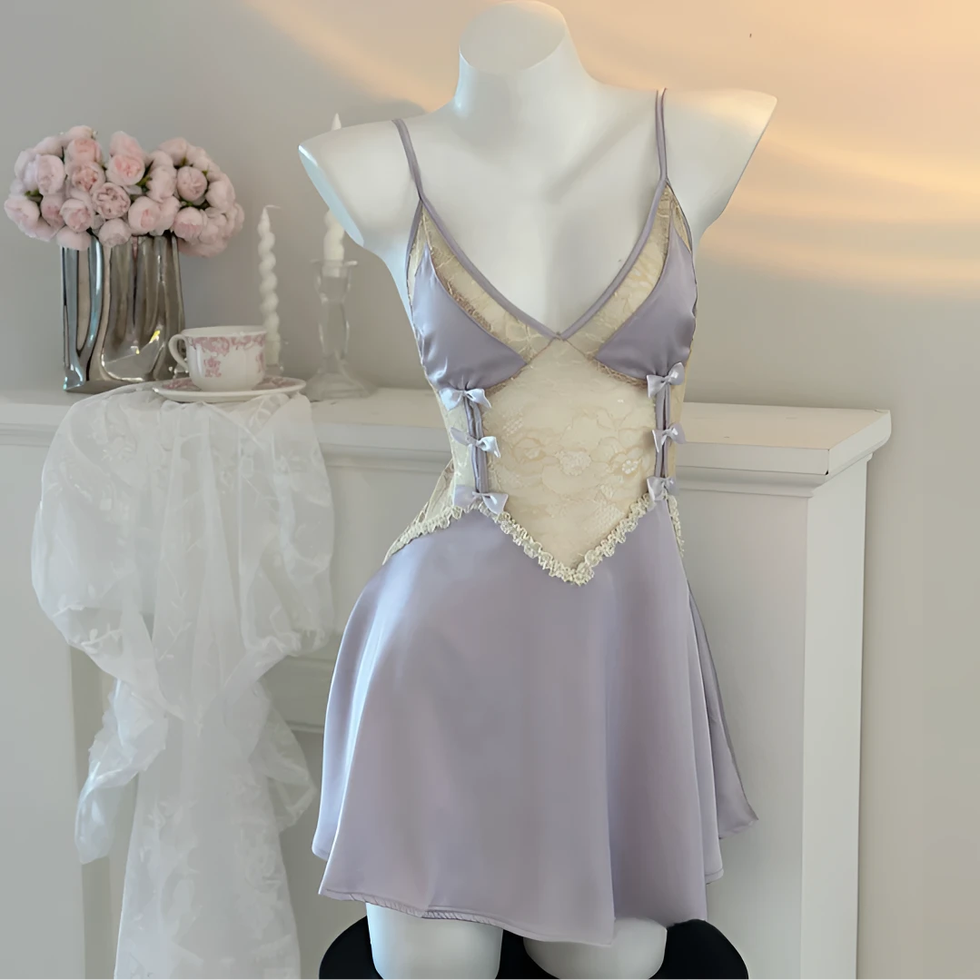 【云间柔羽】缎面甜美蝴蝶结蕾丝露背吊带裙夏季睡裙性感睡衣女夏季