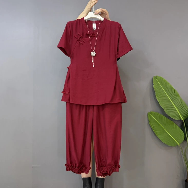 新款大码女装时尚宽松复古盘扣上衣十八分裤两件套套装