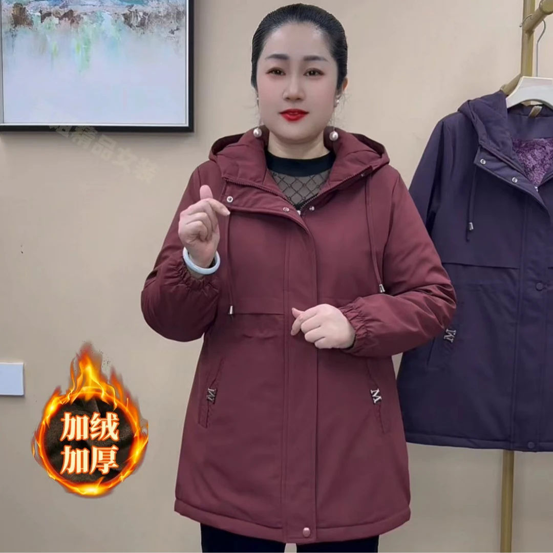 秋冬新款加绒加厚中年妈妈装连帽保暖风衣式棉衣外套1011款
