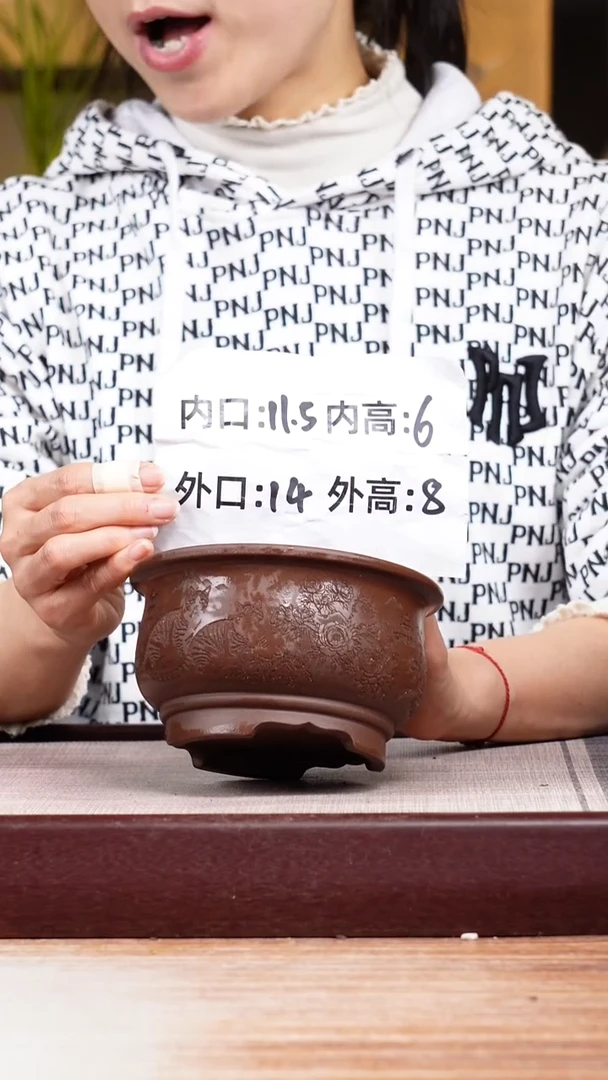 紫砂花盆紫泥刻绘猫咪迷你矮圆盆一只无托