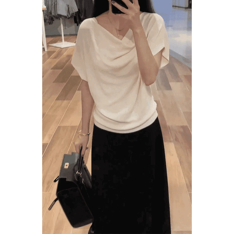 老钱风穿搭法式堆堆领荡领斜肩针织短袖T恤女夏季不规则露肩上衣