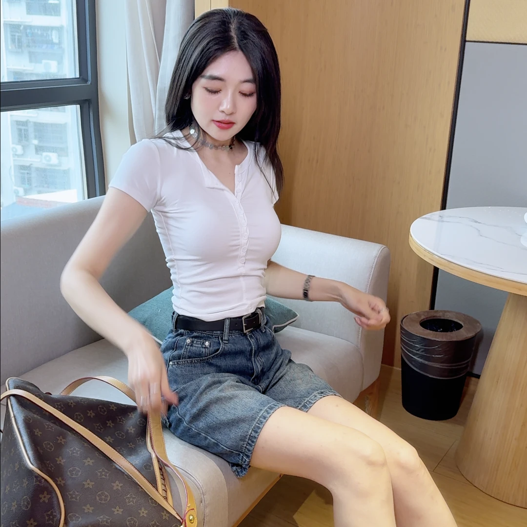 修身显瘦T恤女短袖套装2025夏装新款辣妹装上衣牛仔五分裤两件套