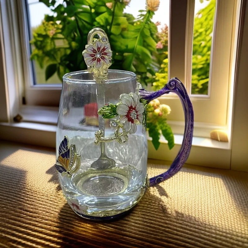 Y新款紫色掐丝珐琅彩花茶杯咖啡杯早餐杯礼物