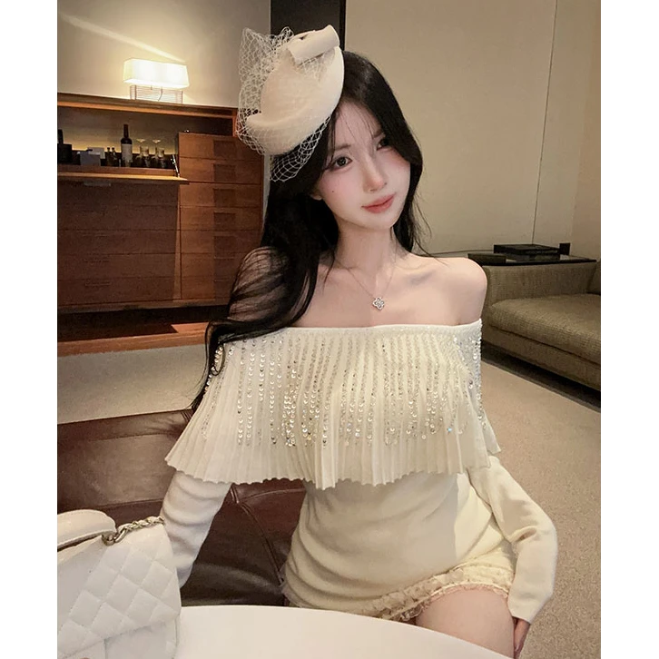 秋季新款气质荷叶边一字肩手工钉珠毛衣上衣女配显瘦半身裙两件套