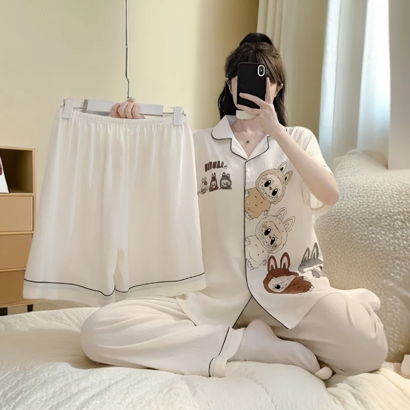 云朵棉三件套睡衣女夏季短袖卡通休闲学生开衫女士甜美薄款家居服