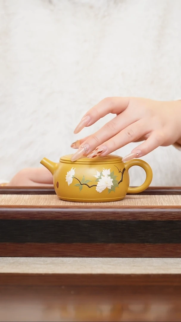 黄金朱泥泥绘乐鼓180cc宜兴手工紫砂壶