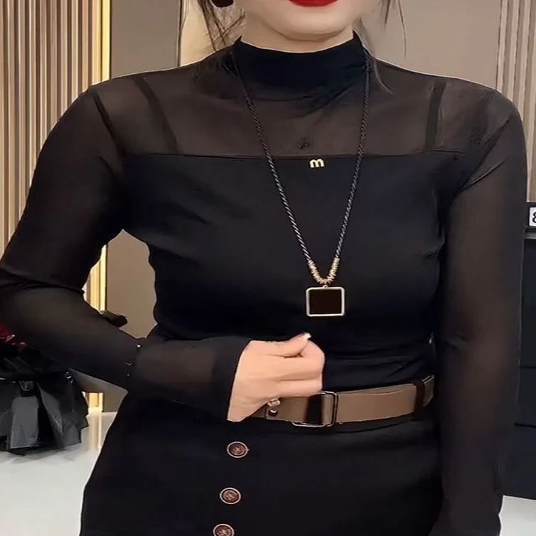 黑色网纱打底衫2024春秋新款半高领时尚高弹长袖网纱半高领打底衫