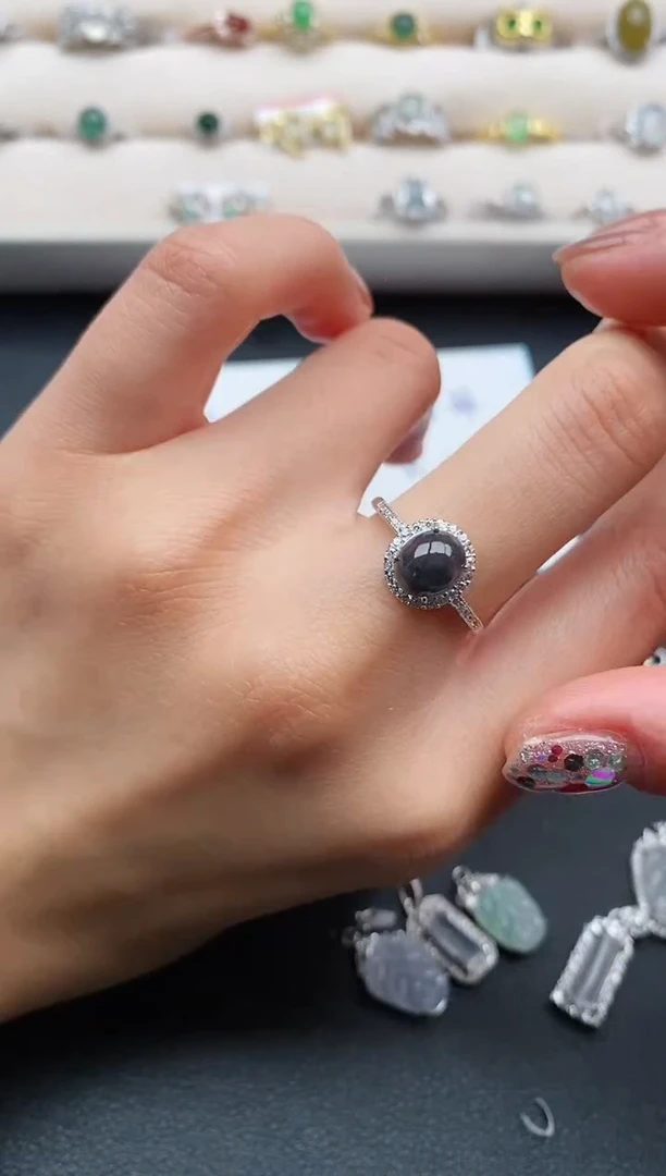 银S925镶嵌戒指翡翠缅甸天然A货翡翠33  4-5