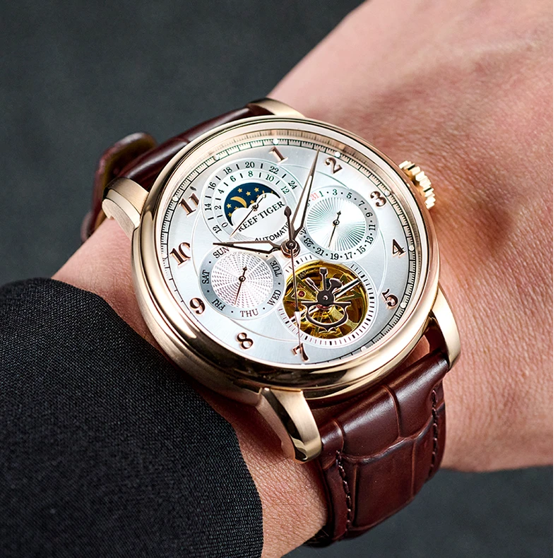 REEF TIGER/瑞夫泰格男士自动镂空机械表多功能防水高档商务腕表