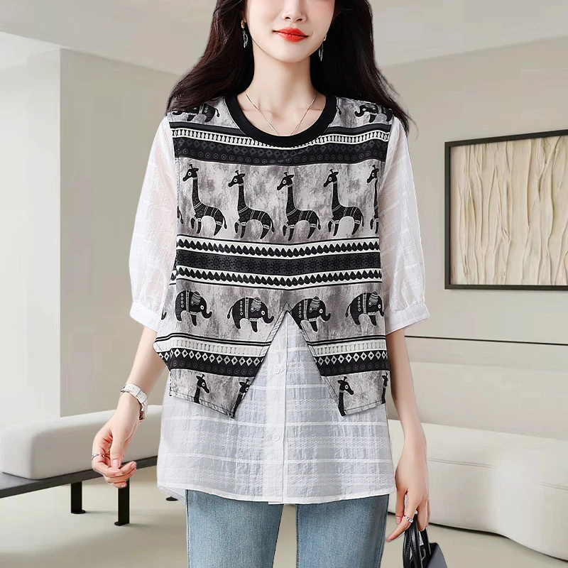 假两件拼接中袖衬衫女士2025夏季新款时尚减龄设计感洋气小衫上衣