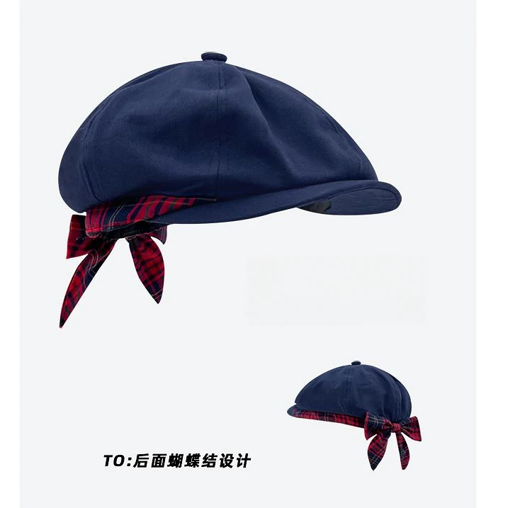 日系复古甜美红格子蝴蝶结前进帽子女春夏季休闲百搭反戴画家帽潮