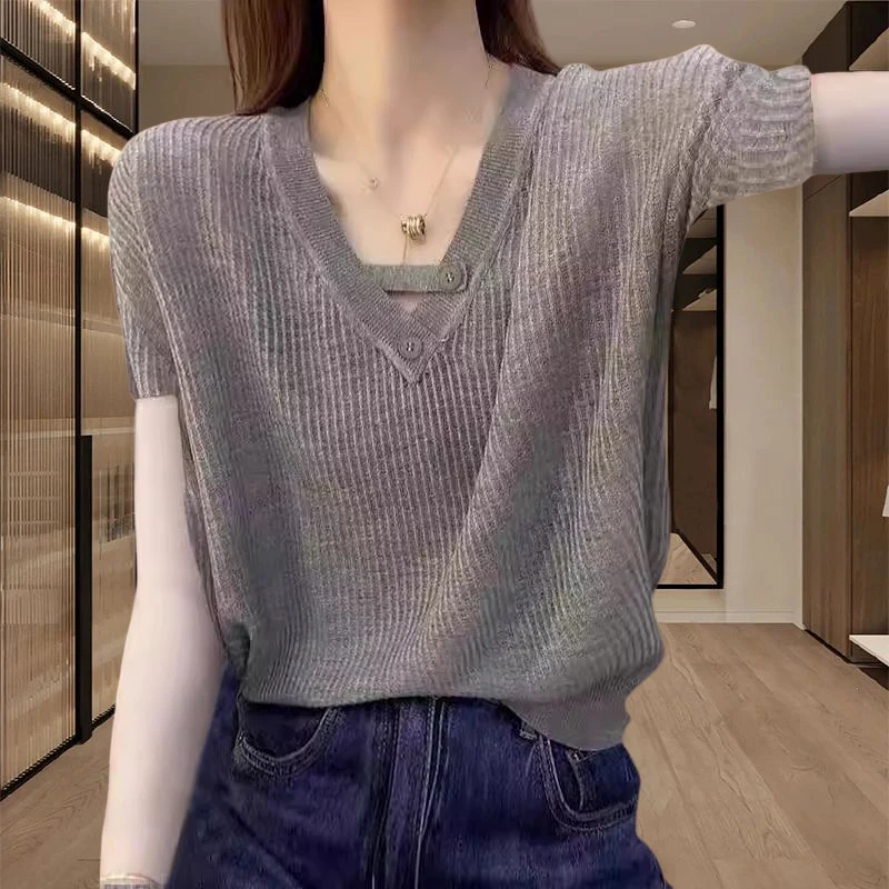 设计感法式冰丝针织衫女2025夏装新款时尚洋气小衫气质短袖上衣潮