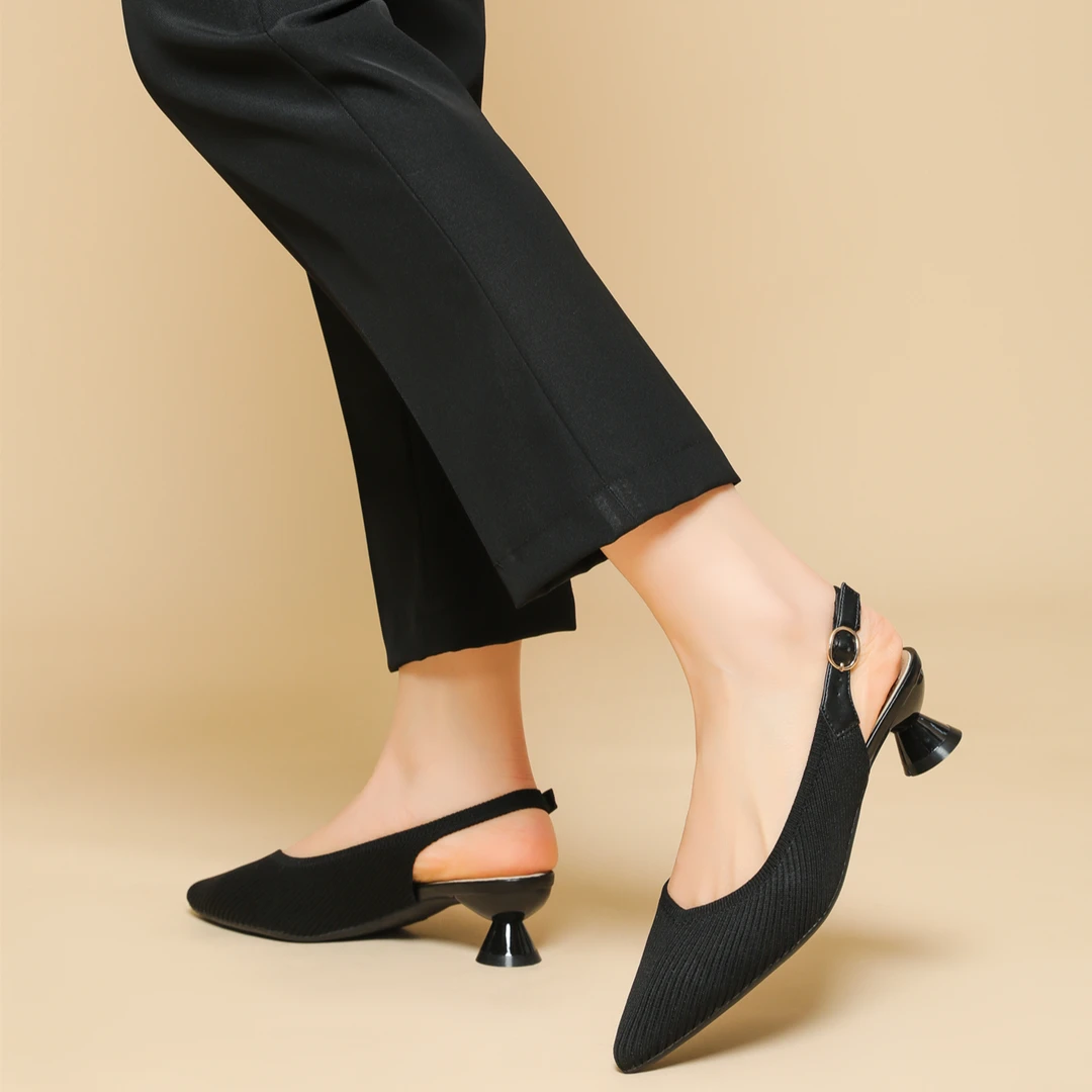 女士时尚针织高跟凉鞋新款尖头浅口一字后绊带简约休闲高跟凉鞋女