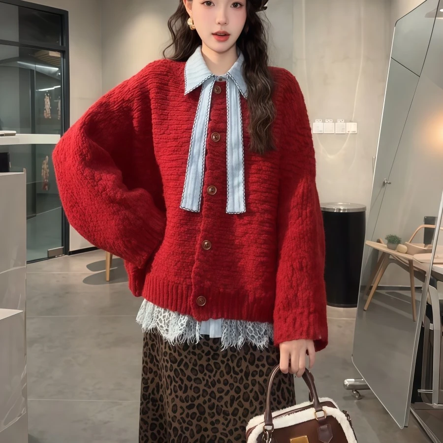 大码胖MM法式新年红色针织衫女装冬季宽松纽扣毛衣外套氛围感保暖