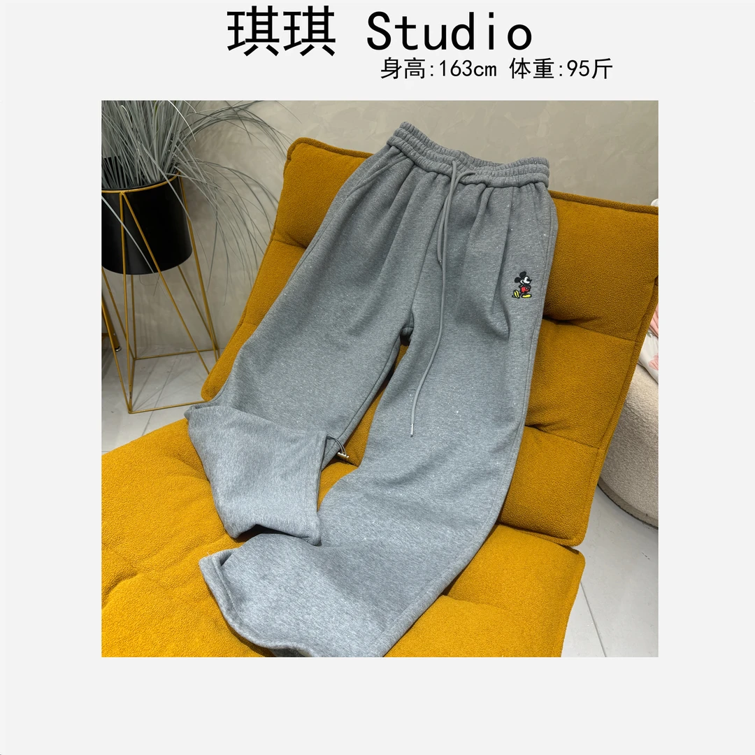 冬季新款加绒下抽绳两穿闪闪刺绣卡通米鼠显瘦减龄休闲裤1136-G