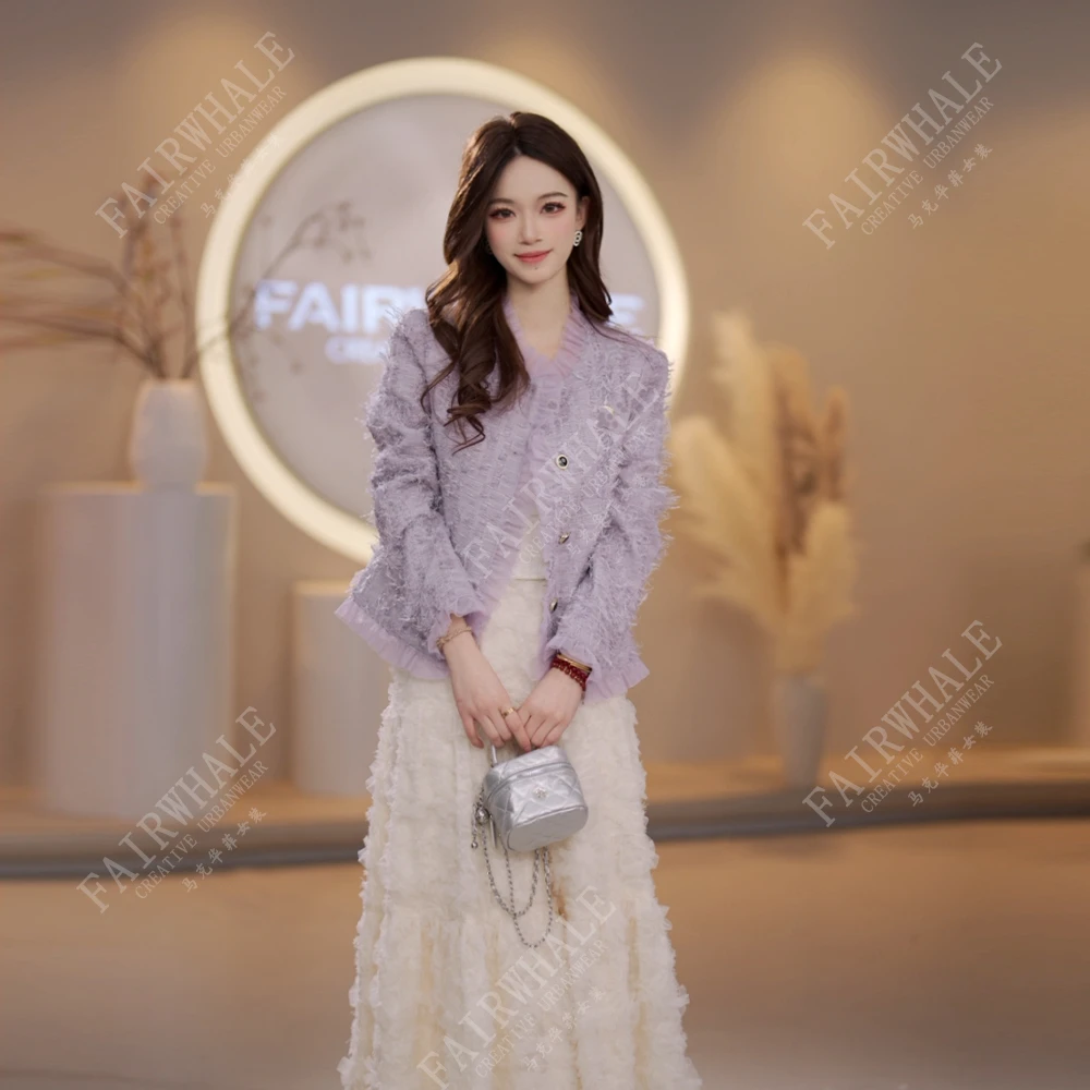 【紫雾纱】马克华菲女装春季长袖小香风短款时尚法式休闲圆领外套v