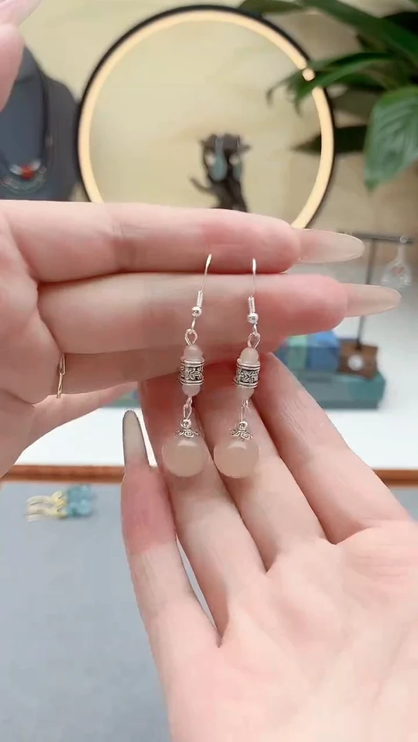 银S925镶嵌耳饰玛瑙/玉髓00藕粉新款