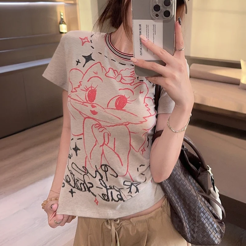 公主猫咪显瘦潮流洋气时尚设计款小众印花卡通猫咪短袖夏夏季白色