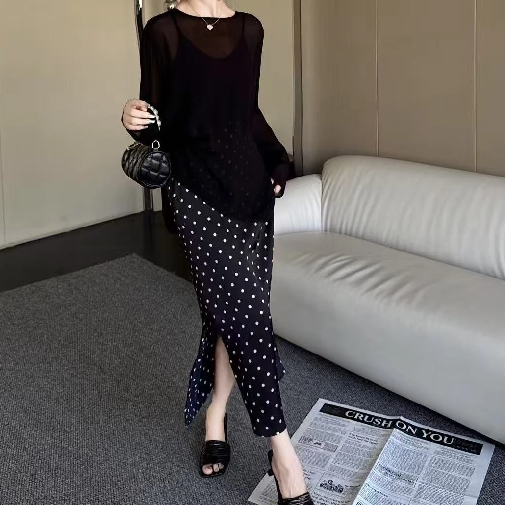 [DARUI]韩简约显瘦微透圆领罩衫可调节吊带连衣裙两件套25182