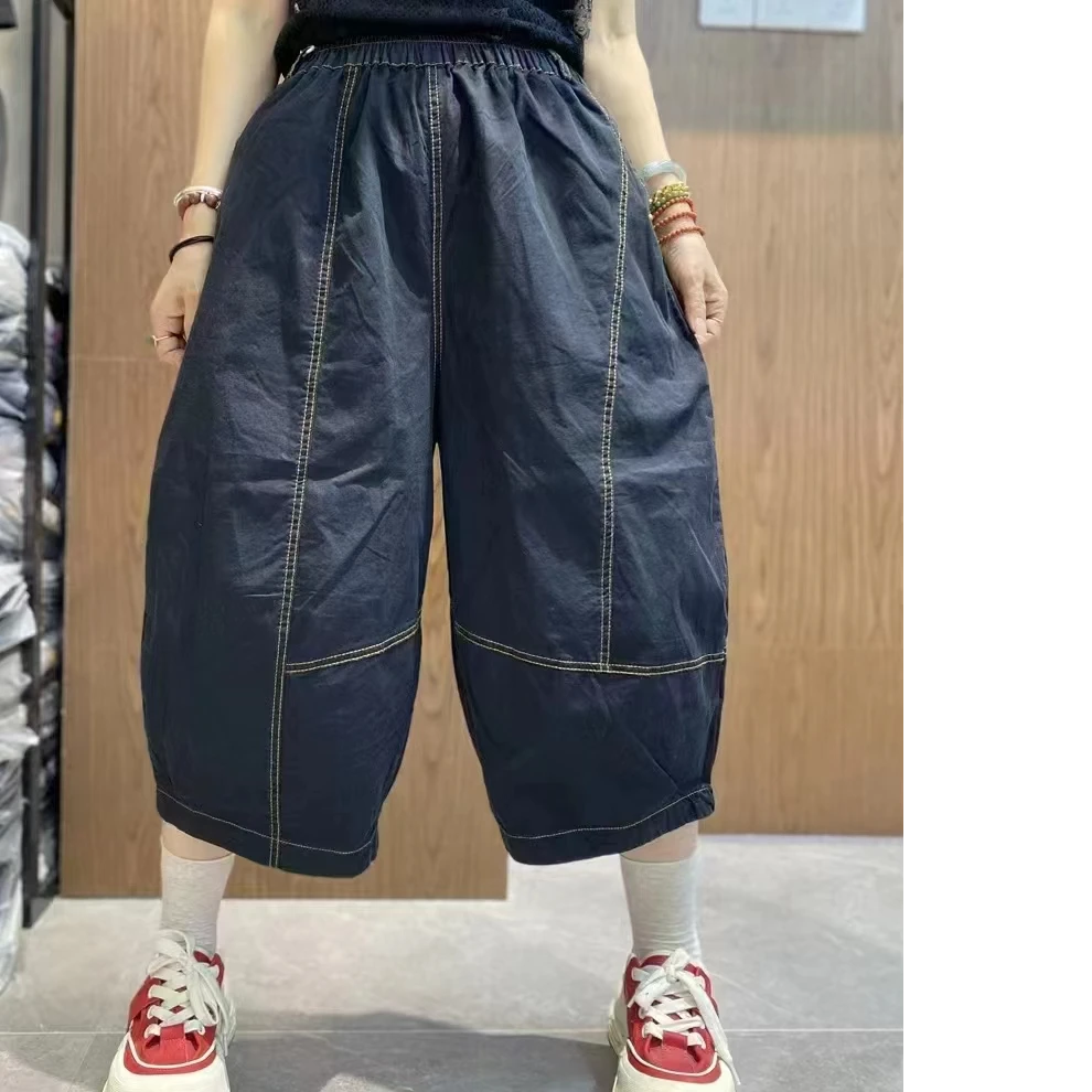 【云吖】夏季休闲百搭显瘦明线水洗棉七分休闲裤（裤长74，臀围130）