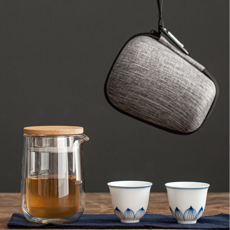 户外旅行茶具可定制logo双层隔热不烫手玻璃茶壶过滤茶水泡茶壶