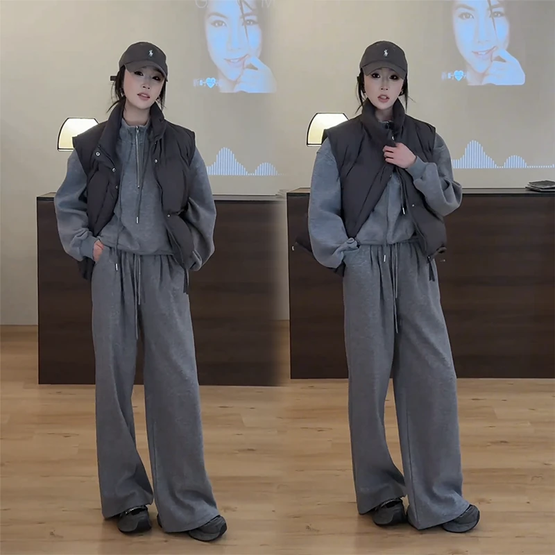 韩版INS风时尚套装女秋冬季立领马甲保暖加厚卫衣高腰加绒直筒裤