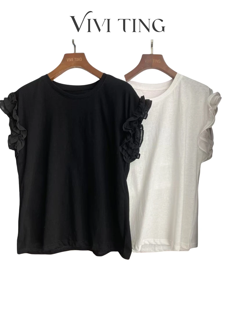 【VIVI·TING】婷姐推荐木耳边拼接圆领纯色百搭T恤S870