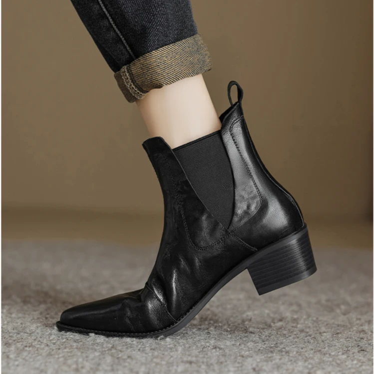 羊皮版断码清仓真皮高跟尖头切尔西短靴女2025秋冬新款粗跟马丁靴