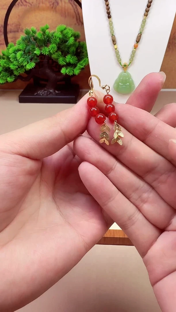 南红玛瑙14K金镶嵌耳饰A721