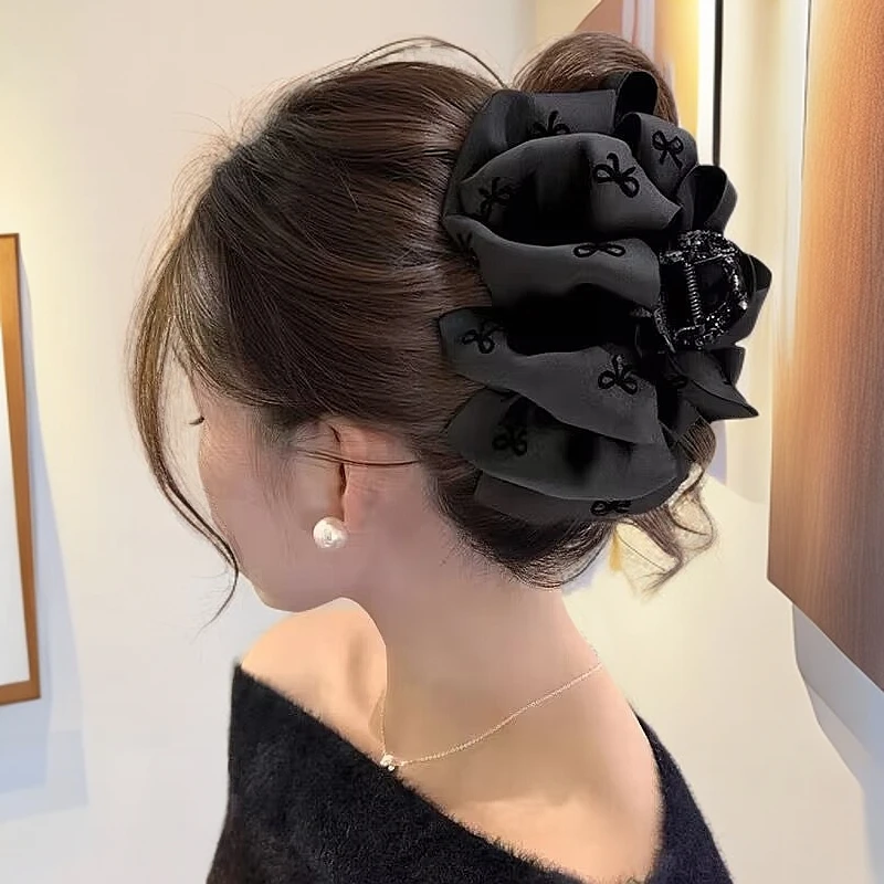 泡泡鲨鱼抓夹高级感缎面大号黑色蝴蝶结抓夹女发卡优雅法式简约