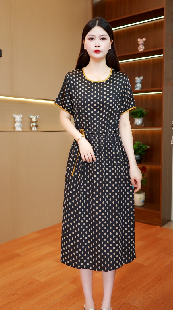 夏季连衣裙收腰波点藏青裙长裙裙子波点过膝连衣裙宽松