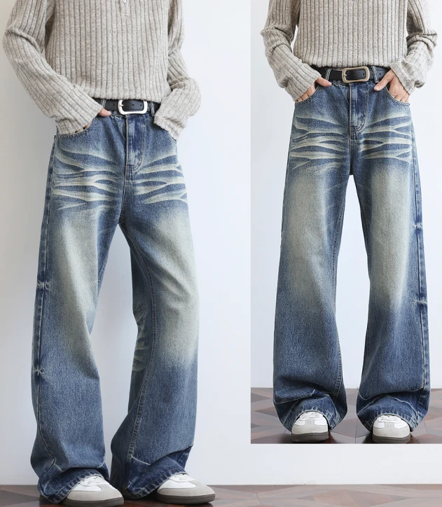 25AW美式【水洗猫须】休闲做旧直通A字版型牛仔裤裤子百搭复古H8009