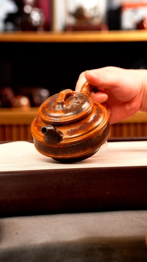 茶壶紫砂龙骨金砂 双线竹鼓 刻绘