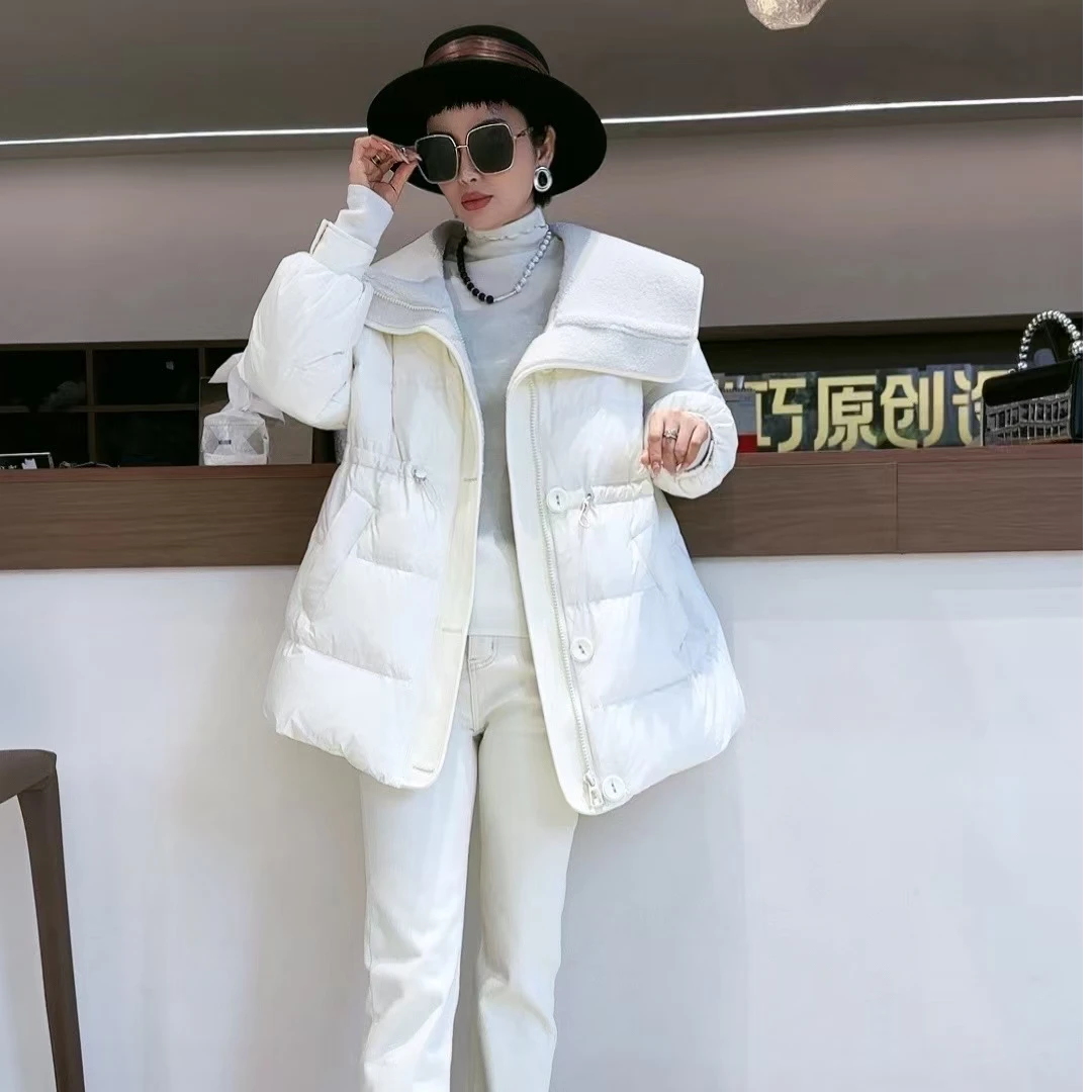 迷巧时尚新款网红休闲百搭宽松韩版大领收腰皮毛一体羽绒服
