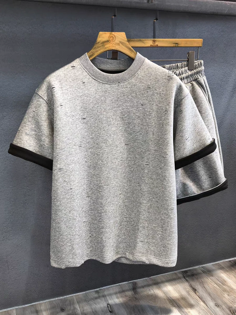 98289夏季新款复古磨破潮流撞色设计感简约运动休闲净版套装